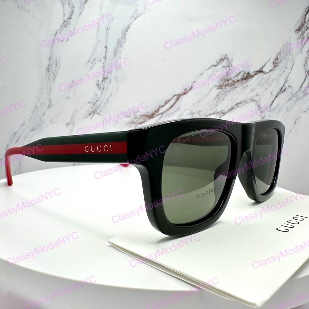 New GUCCI Sunglasses Mens 52mm Black Square Rectangle Aviator Red Green Web Arm
